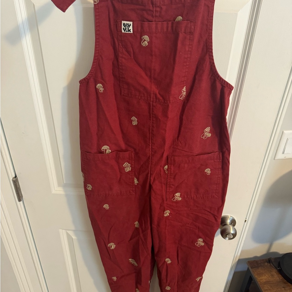Lucy and Yak red mushroom embroidered dungarees